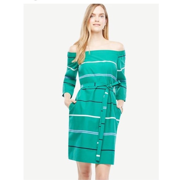 Ann Taylor Off Shoulder Striped Poplin Belted 3/4 Sleeve Dress Size 8 - Picture 1 of 7